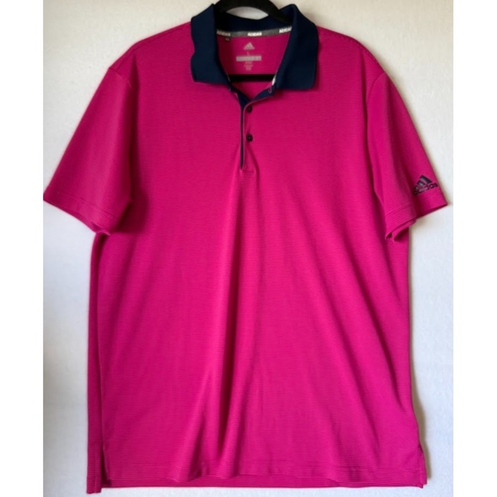 Adidas Golf Polo Shirt Men Large Pink Striped Climate Performance Short Sleeve